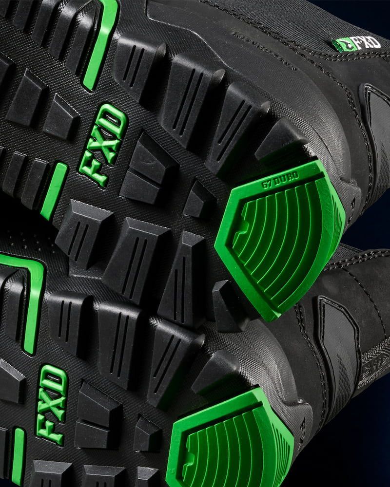 Black Work Boot Soles With Green Accents, Featuring the Brand FXD — Workwise Clothing Forster in Forster, NSW
