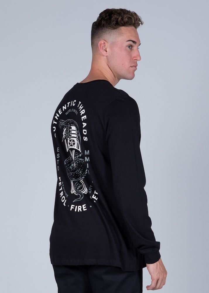 Man in Black Long-sleeve Shirt With Back Graphic, Turned to the Side — Workwise Clothing Forster in Forster, NSW