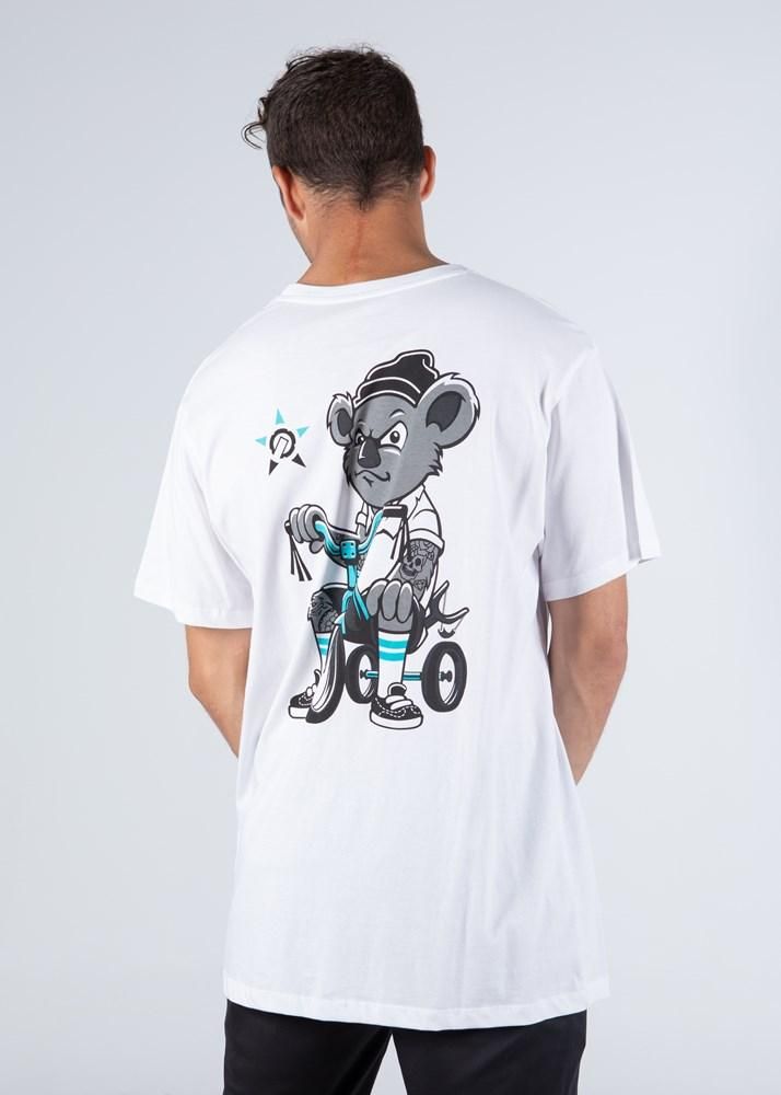 Man Wearing a White T-shirt With a Cartoon Mouse Riding a Tricycle on the Back — Workwise Clothing Forster in Forster, NSW