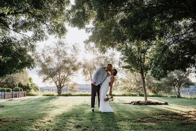 A bride and groom are kissing under a tree in a park.
