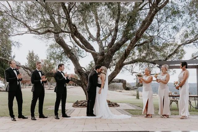 A bride and groom are kissing under a tree with their wedding party.