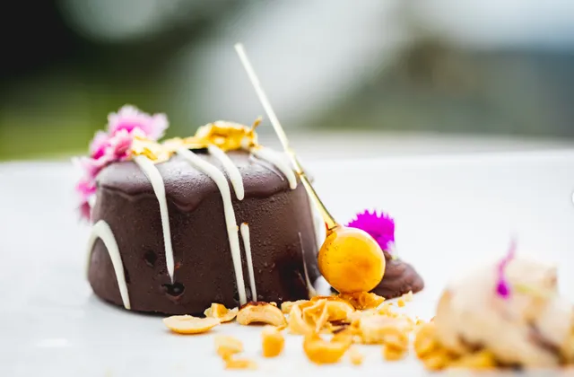 A close up of a chocolate dessert on a white plate.