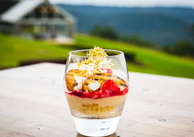 A close up of a dessert in a glass on a table.
