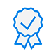 A blue ribbon with a check mark on it.