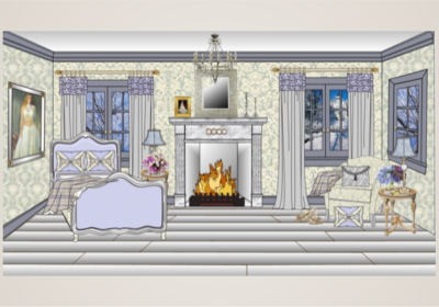 A bedroom with a fireplace and a bed