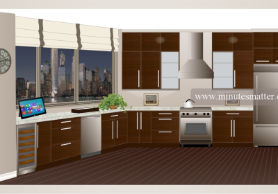 A computer generated image of a kitchen with the website www.minutesmarter.com at the bottom