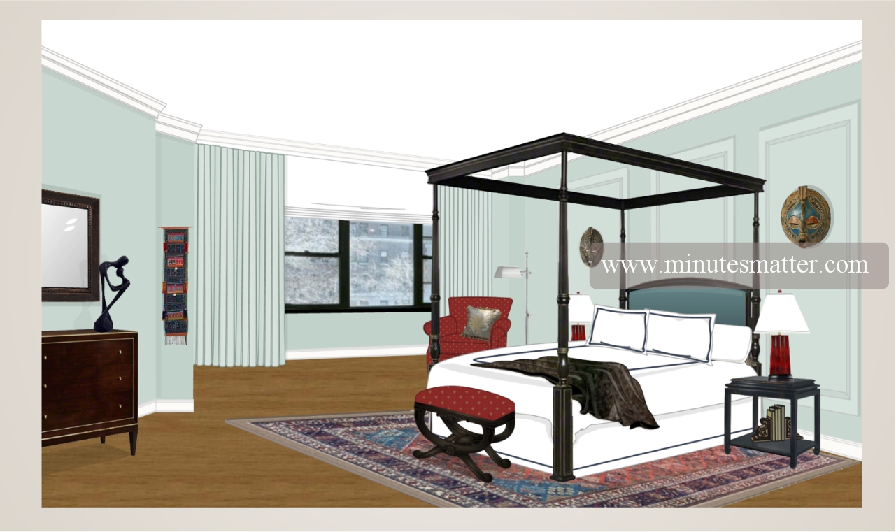 An illustration of a bedroom with a canopy bed