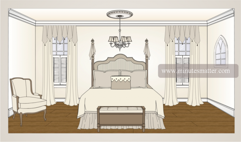 An illustration of a bedroom with a bed , chair and chandelier