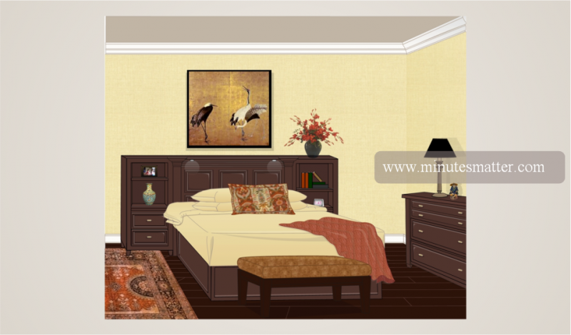 An illustration of a bedroom with a bed and dresser