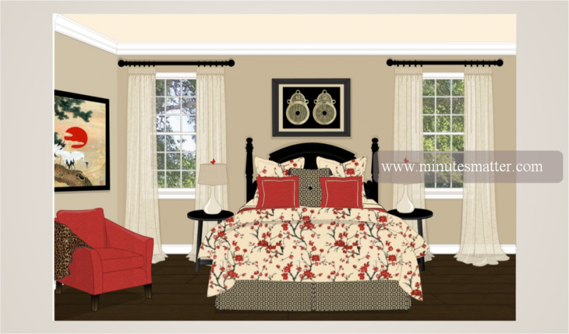 An illustration of a bedroom with a bed and a chair