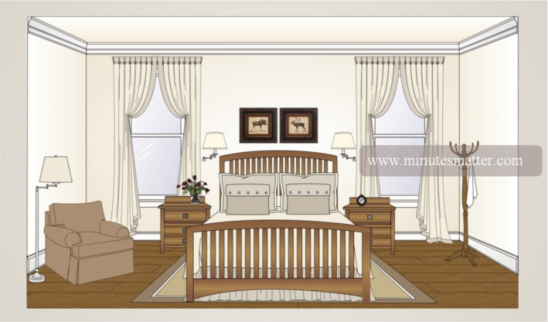 A drawing of a bedroom with a bed and a chair