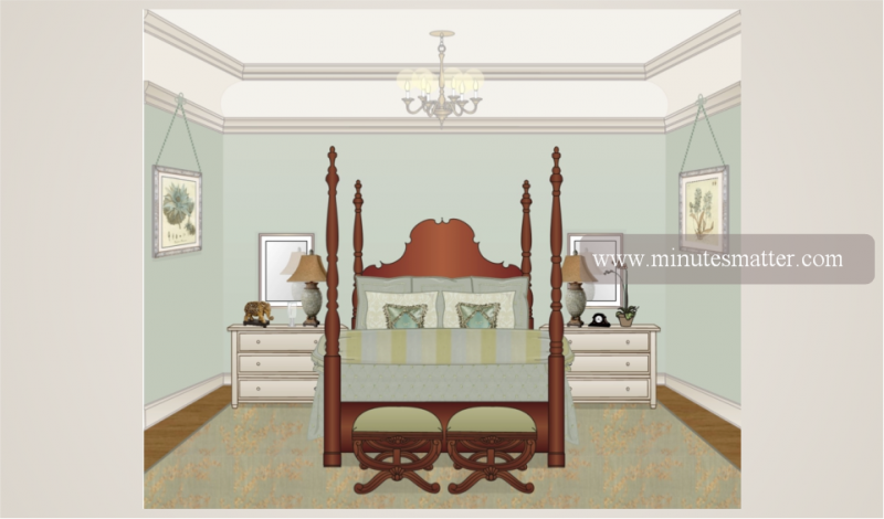 An illustration of a bedroom with a four poster bed