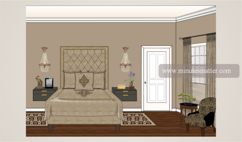 A drawing of a bedroom with a bed and a chair