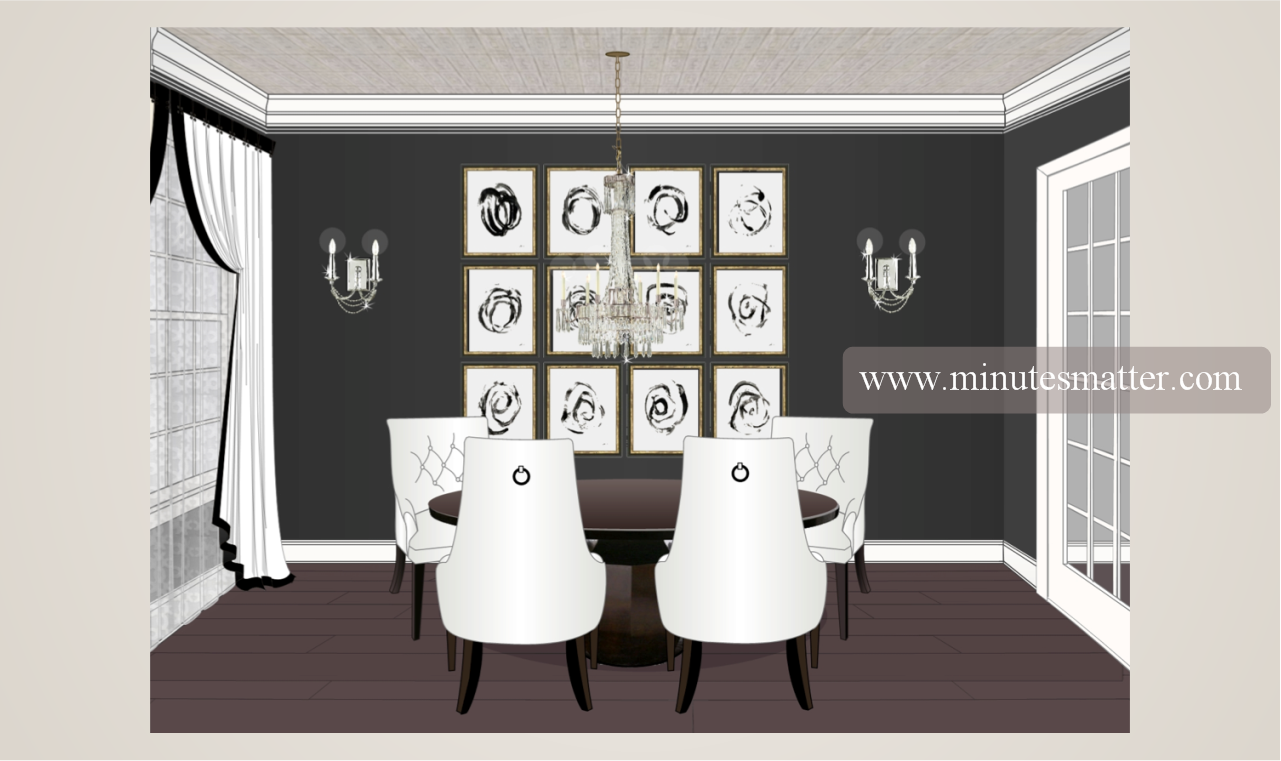 A drawing of a dining room with a table and chairs