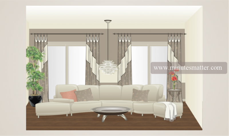 A living room with a sectional couch and a coffee table