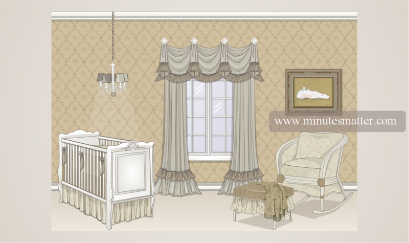 A baby 's room with a crib , rocking chair , table and window.