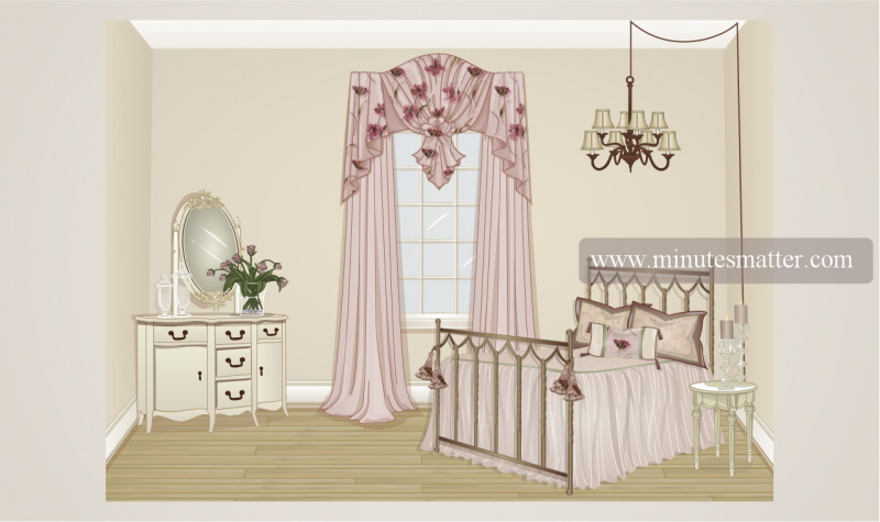 An illustration of a bedroom with a bed dresser and mirror