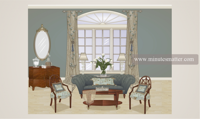 A living room with a couch , chairs , a coffee table and a mirror.