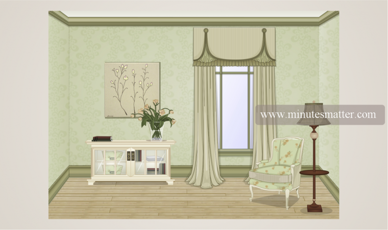 A living room with green walls , a chair , a lamp , a dresser and a window.