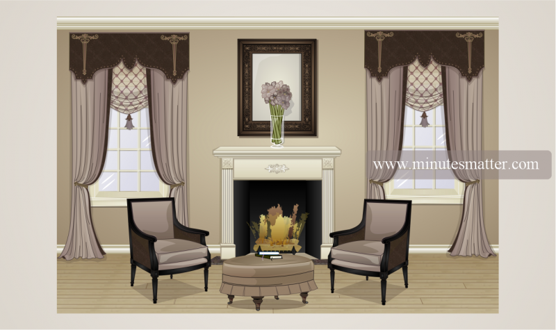 A living room with a fireplace and two chairs