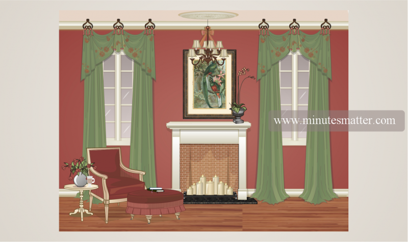 A living room with red walls , green curtains and a fireplace.