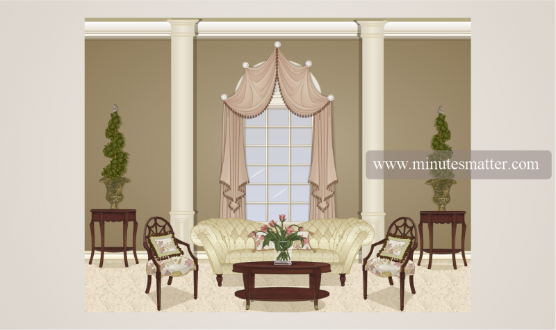 An illustration of a living room with a couch and chairs