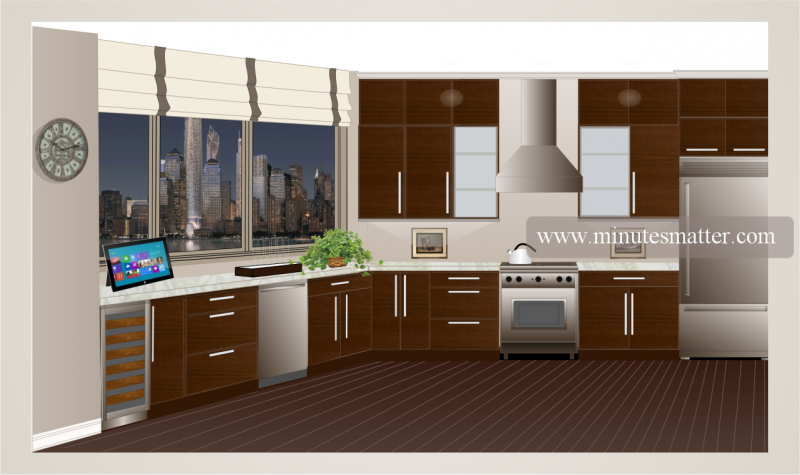 A computer generated image of a kitchen with the website www.minutesmarter.com