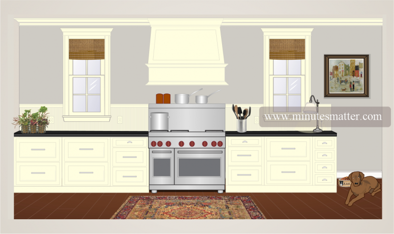 A drawing of a kitchen with white cabinets and a stove