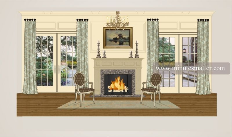 A drawing of a living room with a fireplace and chairs