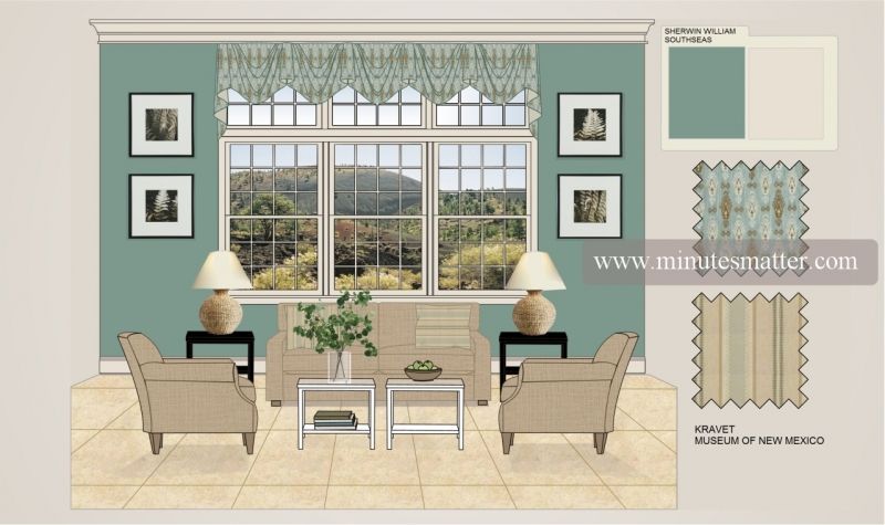 A drawing of a living room with a couch and chairs