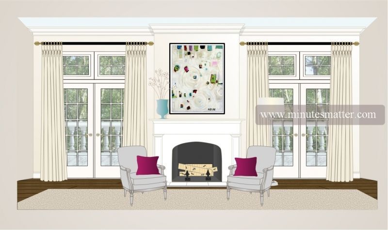 A living room with a fireplace and two chairs