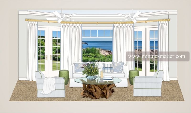 An illustration of a living room with a view of the ocean