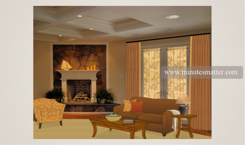 A living room with a couch and chairs and a fireplace