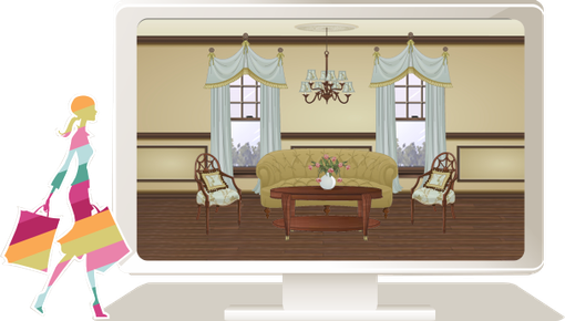 A woman with shopping bags is standing next to a computer monitor showing a living room