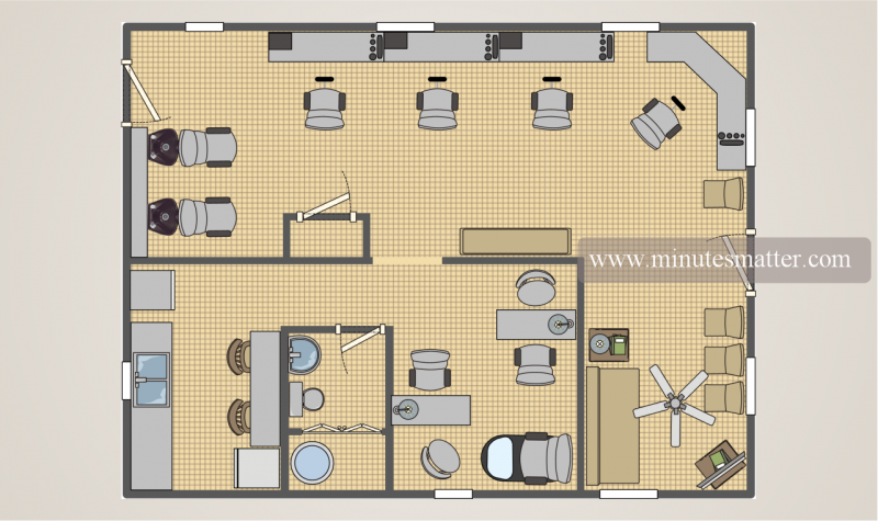 An aerial view of a floor plan of an office