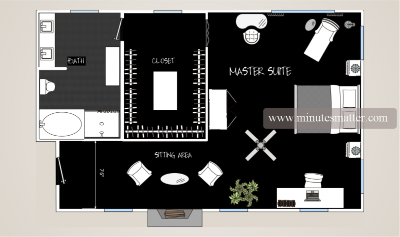 A black and white floor plan of a master suite
