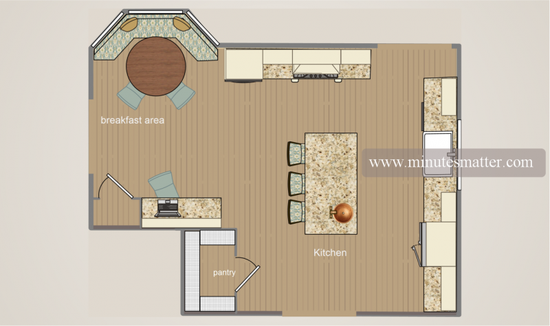 A floor plan of a kitchen with a table and chairs