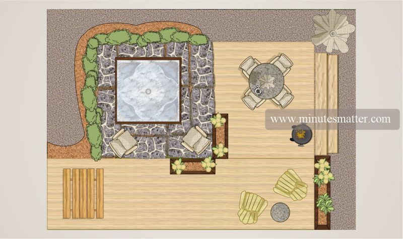 An aerial view of a deck with a hot tub and chairs