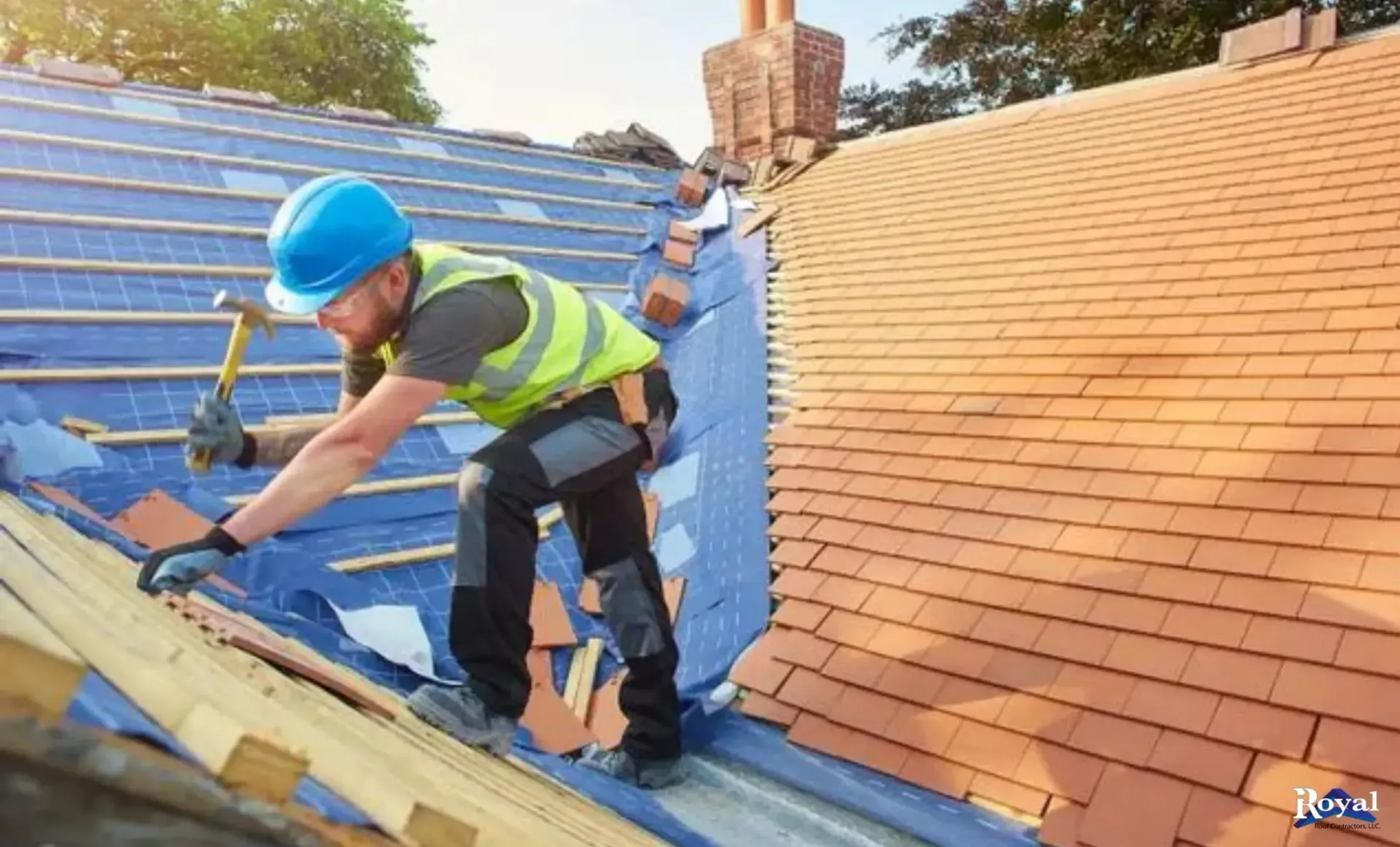 Roofer in safety gear installing metal roof