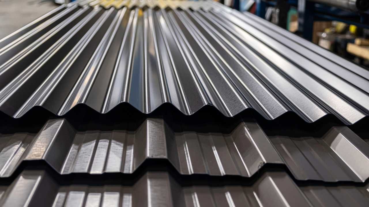 A close-up view of a metal roofing sheet.