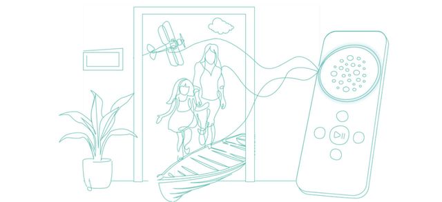 line illustration of people walking towards a room that has a boat in the doorway and a flying plane all connected to a podcatcher