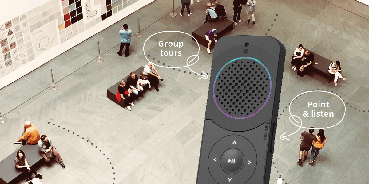 bird view perspective of people in a museum with a possible design for the podcatcher pro at the foreground