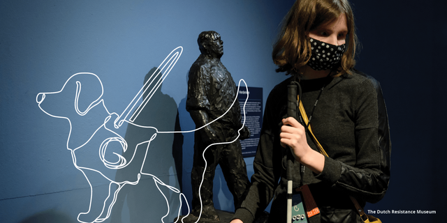 A blind or visually impaired person going through a museum with a line illustration of a dog on top of it