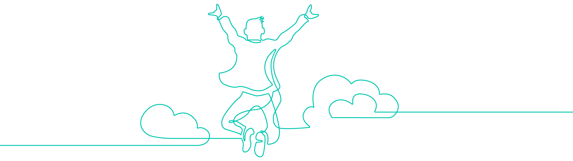 Line illustration of a person jumping in the air from the back in between two clouds