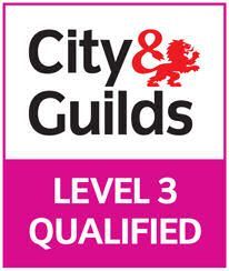 City & Guilds logo. Pink and white square, black text, red lion. Level 3 Qualified.