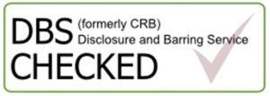 DBS Checked. Disclosure and Barring Service logo with a tick, formerly CRB. Green border.