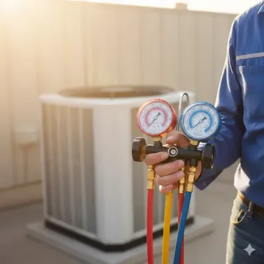 HVAC technician holding gauges near an outdoor air conditioning unit on a rooftop.