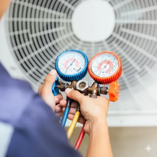 Hands holding gauges, connected to an AC unit for servicing, blue and red gauges.