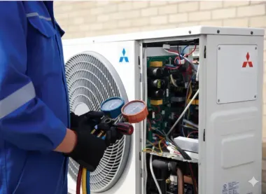 HVAC technician with gauges, servicing a Mitsubishi heat pump unit outdoors.