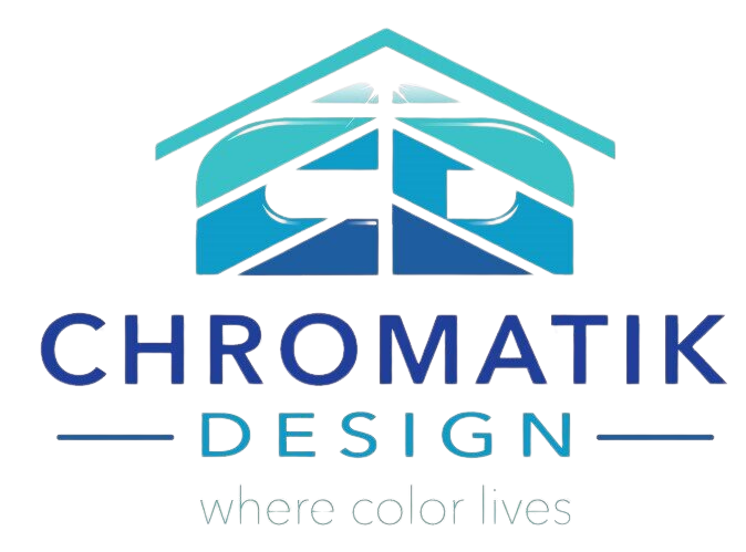 Logo: teal house shape above “CHROMATIK DESIGN” in blue, tagline “where color lives.”